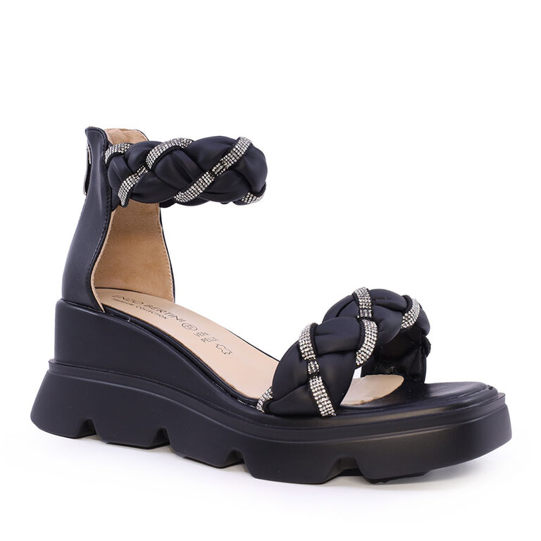 Sandale cu platformă femei Enzo Bertini negre din piele cu elemente deco 1127DS1653N