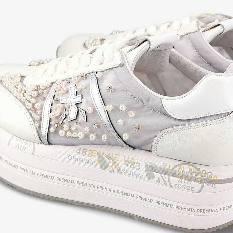 Sneakers femei Premiata Beth albi din piele întoarsă și textil tip fâș 1697DP6751A